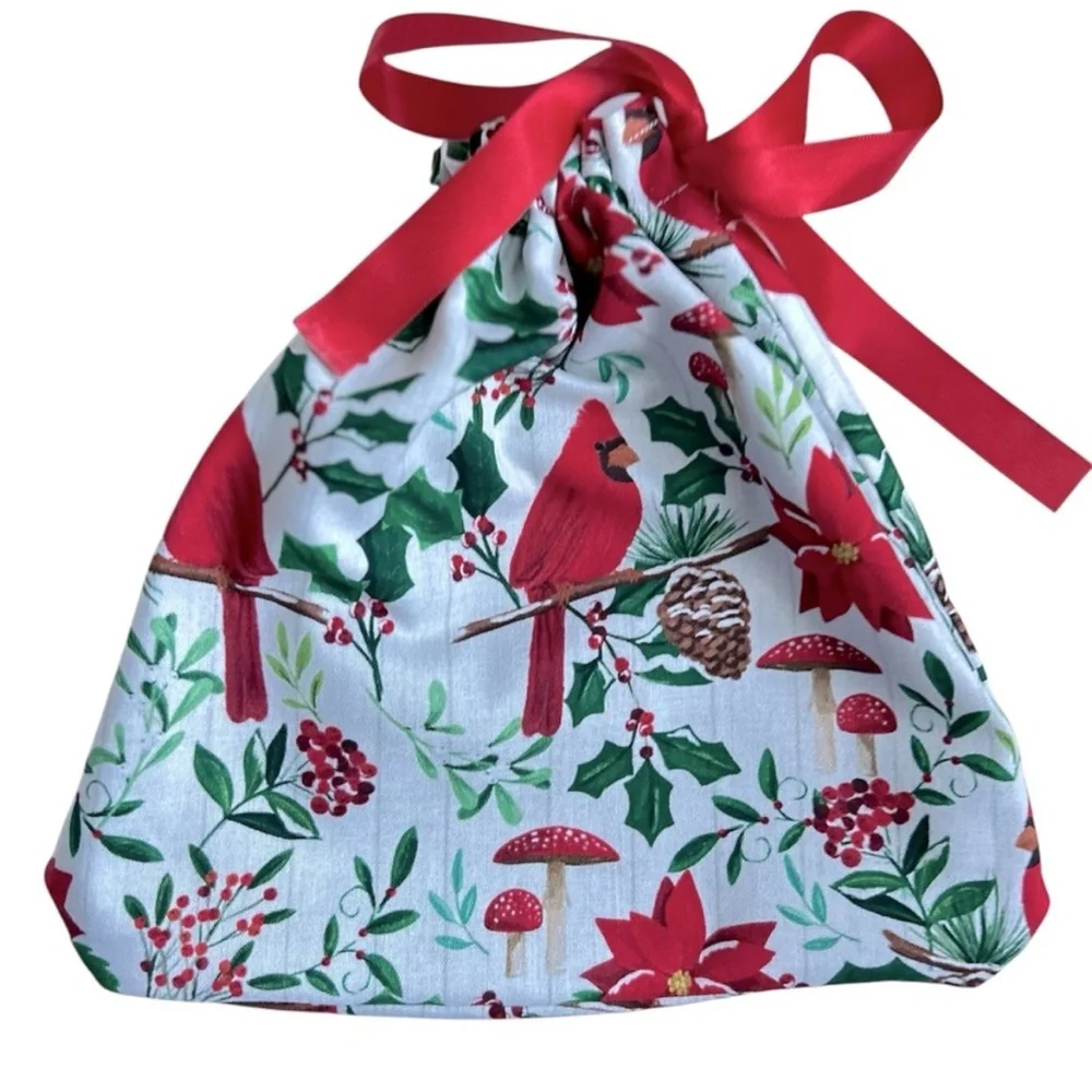 Hand Crafted Red Cardinals Holiday Festive Reusable Fabric Gift Bag